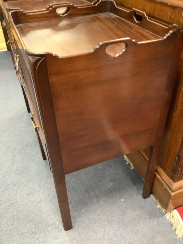 A pair of Georgian style mahogany tray-top bedside commodes, each having tambour shutter on square supports, width 48cm depth 42cm height 79cm